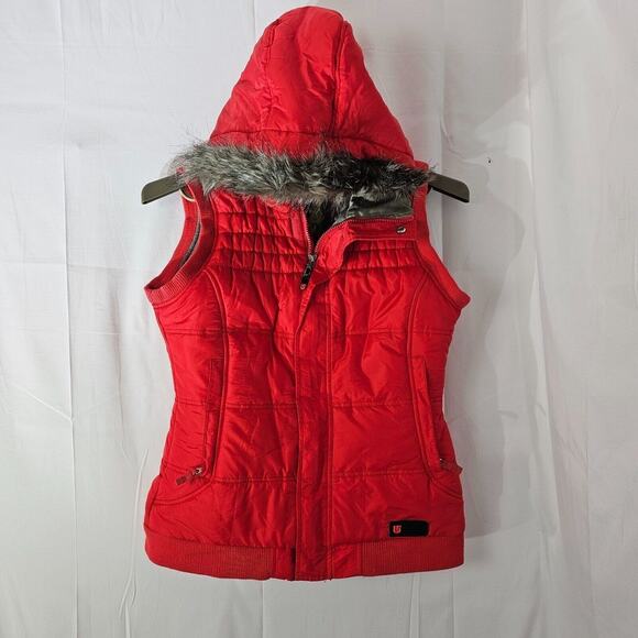 Burton Vest Womens Medium Red Puffer Dry Ride Hooded Faux Fur Ski Insulated - Picture 1 of 15